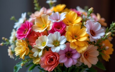 A vibrant bouquet featuring a variety of colorful flowers including pink, yellow, and white blooms