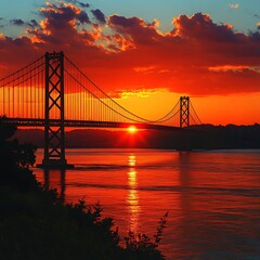 Obraz premium Sunset Bridge Silhouette with River Landscape.