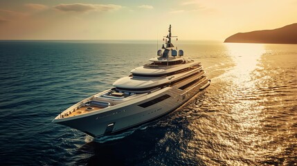 Aerial drone ultra wide top down luxury yacht, grand luxury yacht floating on smooth Caribbean waters