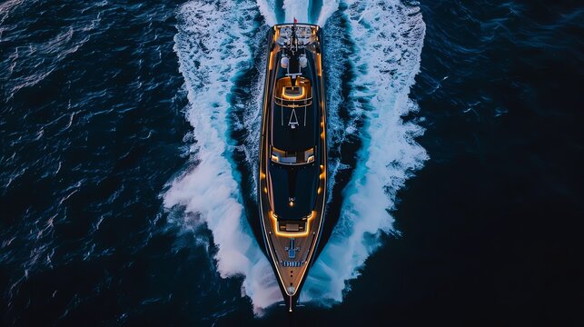 Aerial drone ultra wide top down luxury yacht, sleek black and gold design, cinematic lighting, cutting through deep blue ocean waves, leaving a mesmerizing white foam trail
