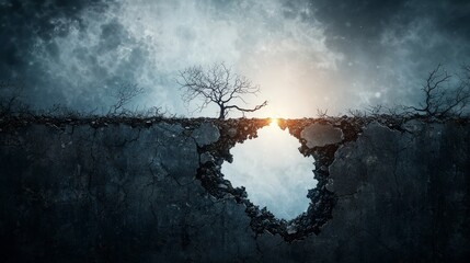 Dramatic landscape transformation nature digital art surreal environment elevated viewpoint conceptual imagery