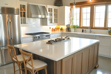 A cozy and stylish kitchen with a white brick backsplash and central island featuring a warm and functional design for modern living