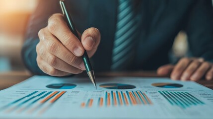 Analyzing financial data for strategic decision making corporate office business report professional environment close-up view data visualization insights
