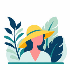 Woman wearing a sun hat surrounded by lush greenery in a vibrant outdoor setting