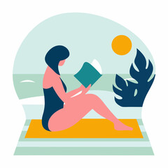 Obraz premium Woman reading a book on the beach with a serene atmosphere and sunny weather