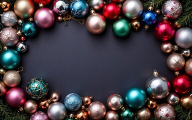A festive arrangement of colorful Christmas ornaments surrounding a dark background, perfect for holiday decoration