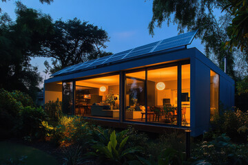 Fototapeta premium A cozy evening at a modern solar-paneled house with warm interior lights creating a tranquil and inviting atmosphere