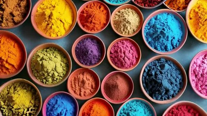 Colorful spice powders in bowls, overhead shot, kitchen setting, food blog use