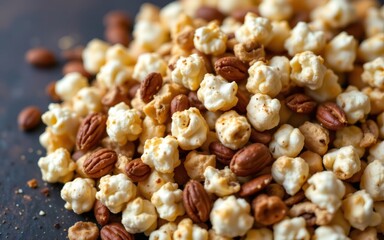 A close-up view of a mix of popcorn and nuts showcasing a crunchy, golden-brown texture