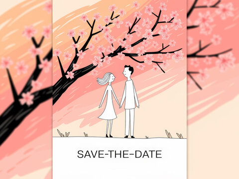 Romantic save-the-date design with blossoming cherry blossoms and couple illustration