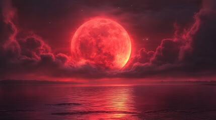 Surreal Red Moon Reflecting On A Serene Lake, Framed By Soft Clouds. A Dreamy, Otherworldly Scene.