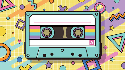 レトロなカセットテープとメンフィススタイル背景のベクターイラストレーション