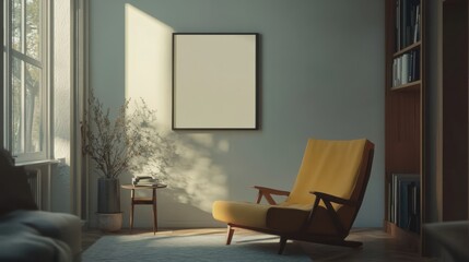 a chair in a room with a picture frame on the wall