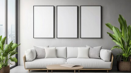 a living room with a couch and two framed pictures