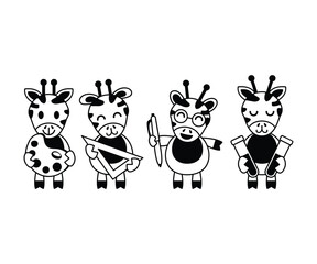 Obraz premium Cute Cartoon Giraffes in School Setting Holding Art Supplies Vector Design Illustration