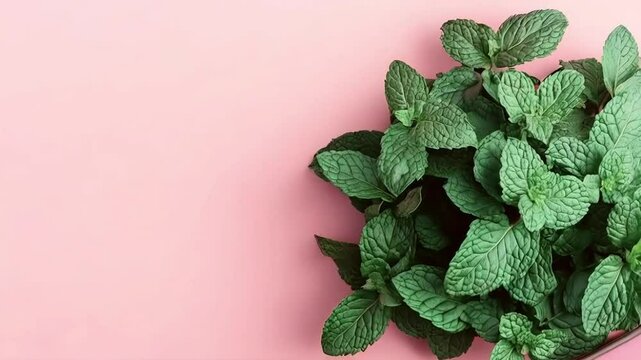 Fresh mint leaves on pink background, overhead shot, copy space, food blog