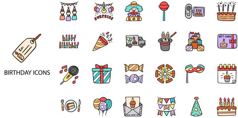 Birthday simple concept 24 Hand drawn color icons set. Contains such Birthday cake, anniversary celebration, cocktail, decoration, clown, catering, surprise firework, balloon .Vector illustration.