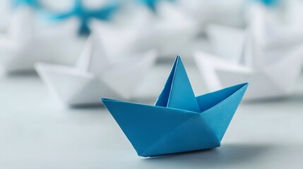 One Blue Paper Boat Leading a Fleet of White Boats Symbolizing Innovation and Thinking Differently