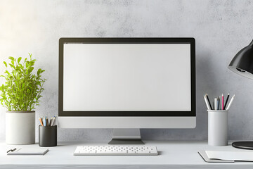 Fototapeta premium Computer screen on desk with plant and stationery. 3D Rendering