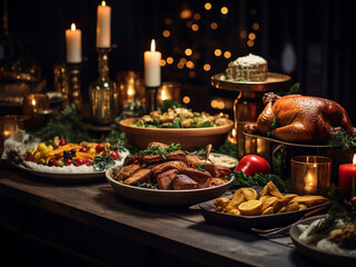 Holiday feast beginning with plates being passed and joyful conversations flowing warmly