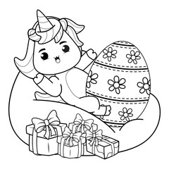 Easter coloring page with cute unicorn