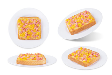 Cheese corn sausages baked sandwich in a plate on a white isolated background