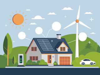 Naklejka premium Eco-friendly home with solar panels, wind turbine, and electric car in a sustainable landscape