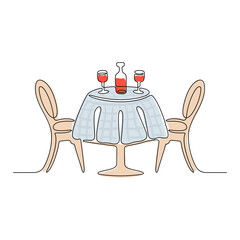 Continuous line drawing. Table with chairs. Bottle and two wine glasses. Black isolated on white background. Hand drawn color vector illustration. 