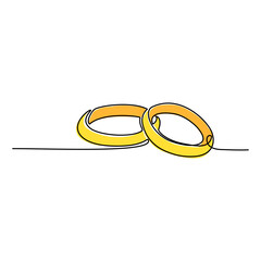 Continuous line drawing. Wedding rings. Template for love cards and invitations. Black isolated on white background. Hand drawn color vector illustration. 
