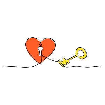 Continuous line drawing. Lock and key. Heart shape. Valentine's day. Template for love cards and invitations. Isolated on white background. Hand drawn color vector illustration. 