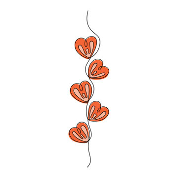 Continuous line drawing. Ornament. Branch with hearts. Template for love cards and invitations. Isolated on white background. Hand drawn color vector illustration.