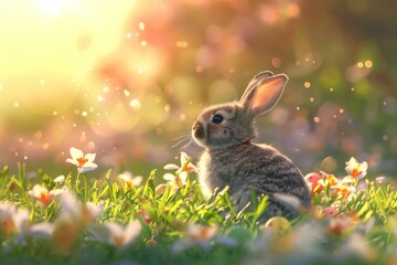 Adorable bunny in sunlit meadow surrounded by flowers and sparkles