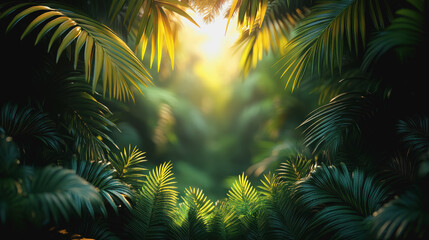 Stunning jungle scene with a sunbeam filtering through leaves creating a magical and enchanting rainforest view