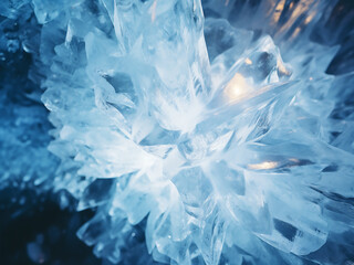 Obraz premium Glowing ice caves with explorers moving carefully while sparkling crystals reflect blue light