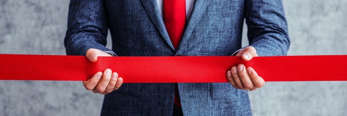 Grand opening ceremony corporate office event photo indoor setting close-up view celebrating new beginnings with a red ribbon cutting