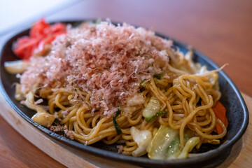 Yakisoba with dried bonito flakes, a Japanese noodle stir-fried dish