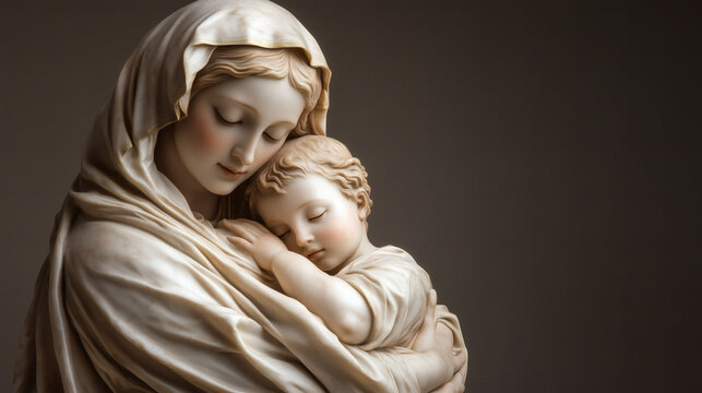 Escultura de la Virgen Mar&iacute;a abrazando al ni&ntilde;o Jes&uacute;s con ternura
