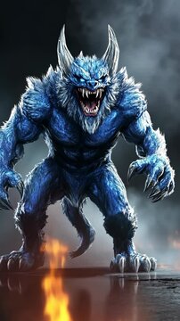 Fierce blue creature roaring in a mystical landscape with flames and dark smoke