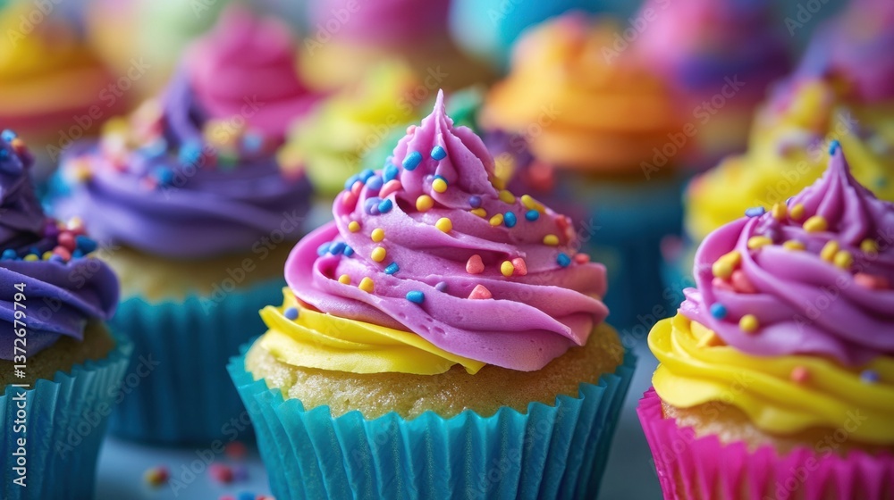 Poster colorful cupcakes with neon icing and rainbow sprinkles create a vibrant bakery display perfect for 