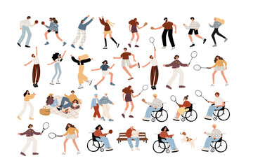 Dynamic collection of vector illustrations showcasing people enjoying sports and leisure in city parks. Includes tennis, running, roller-skating, and more. Perfect for branding, and print projects.