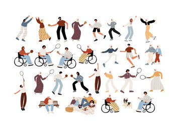 Collection of vector illustrations showcasing muslim people enjoying sports and leisure in city parks. Includes tennis, running, roller-skating, and more. Perfect for branding, web, print projects.