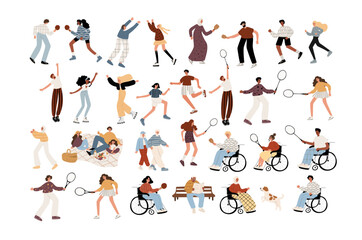 Collection of vector illustrations showcasing diversity people enjoying sports and leisure in city parks. Includes tennis, running, roller-skating, and more. Perfect for branding, web, print projects.