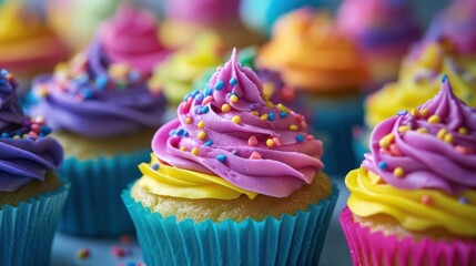 Colorful cupcakes with neon icing and rainbow sprinkles create a vibrant bakery display perfect for any celebration