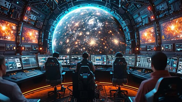 Futuristic spaceship control room with view of cosmos