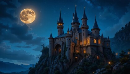 Gothic Castle On A Cliff  Under a Full Moon 