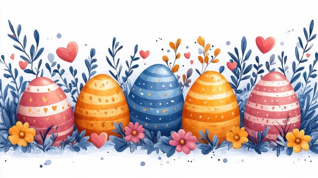 The Easter pattern features colorful striped eggs, hearts and leaves on a plain white background. This versatile Easter holiday background design
