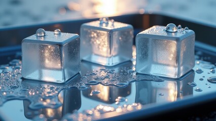 Close up of ice cubes melting on metal tray with water drops in sunlight	