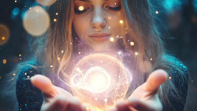 A young woman stands in a tranquil forest, cradling a radiant magic orb of light in her hands. Soft sparkles surround her, creating a magical atmosphere as dusk settles