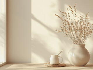 Minimalist arrangement of a vase with fresh flowers on warm white background creating an elegant and serene scene
