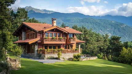 Obraz premium A beautiful wooden house situated within a mountainous environment